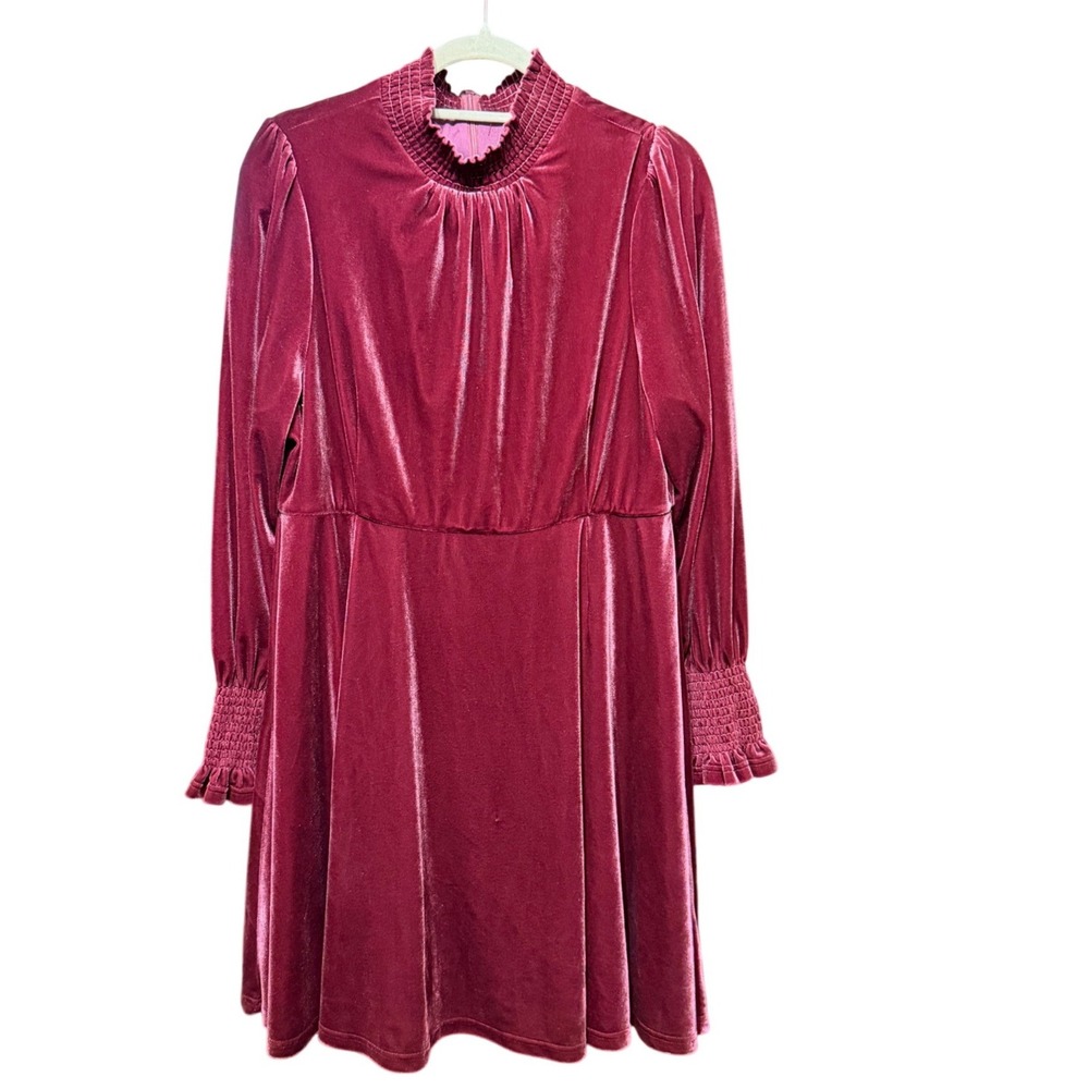 Baltic Born Plum Velvet Smocked High Neck Mini Dress Long Sleeve Womens XL